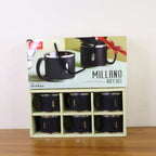 Stacked view of double wall insulated coffee mugs, stainless steel with black finish
