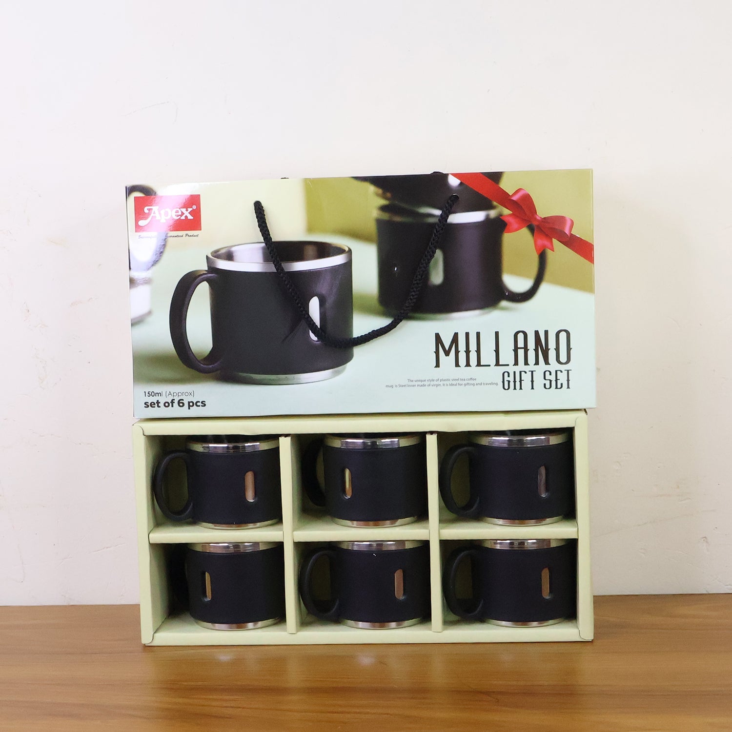 Stacked view of double wall insulated coffee mugs, stainless steel with black finish