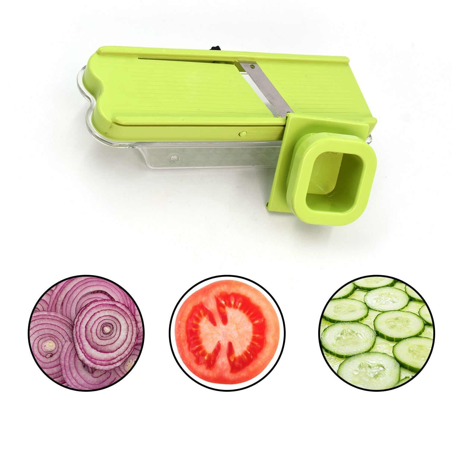 Adjustable stainless steel vegetable slicer with a safety holder.