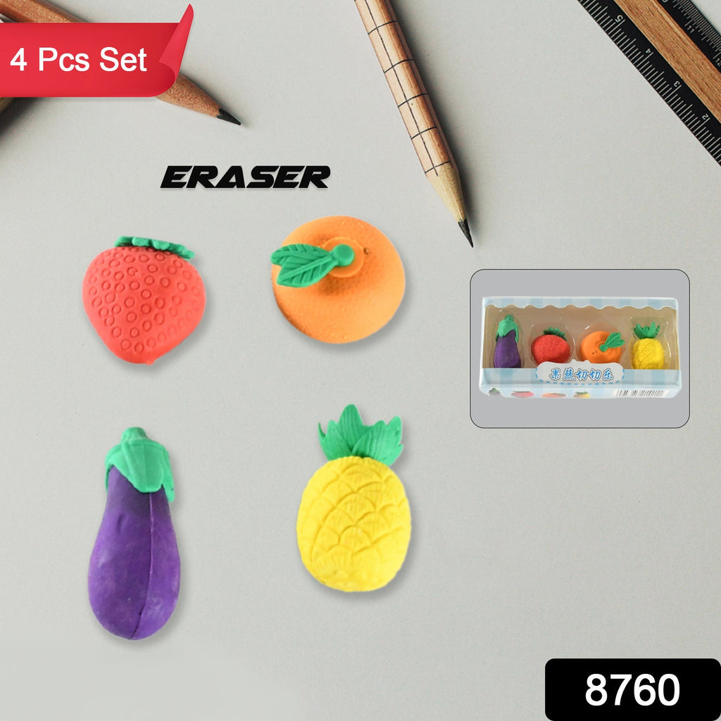 Mini fruit and vegetable-shaped erasers displayed neatly on a white background.
