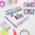 Vibrant 12-piece Stationery Kit for Kids with metal pencil box, front view.