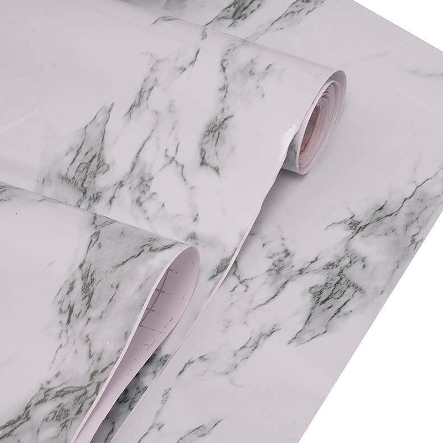 Applying peel and stick marble wallpaper on smooth kitchen counter surface