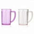 Two clear plastic drinking glasses with handles displayed side by side.