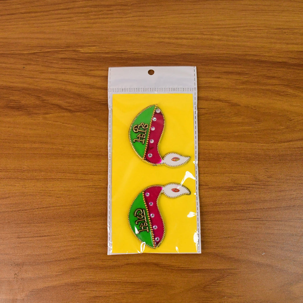 Pair of glitter embellished Shubh Labh diya shaped wall hangings for festivals