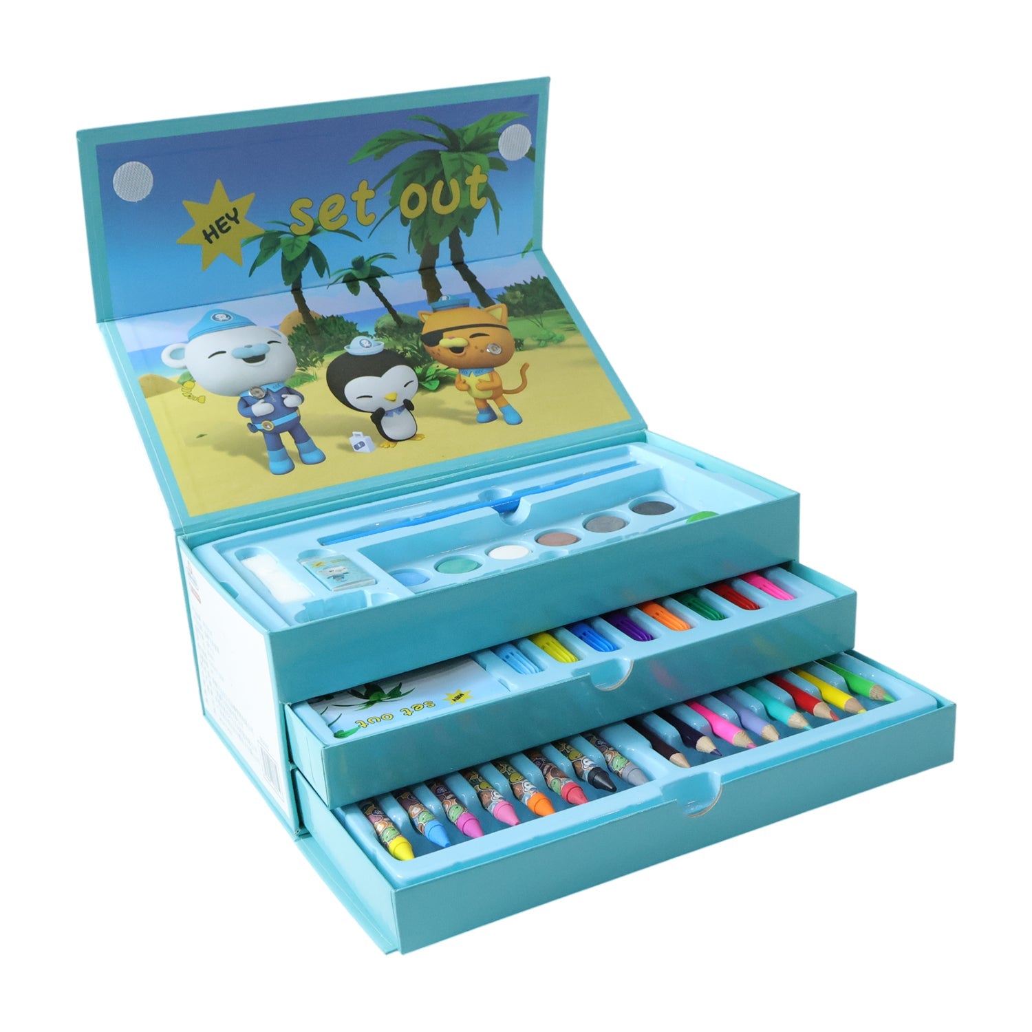 Open art kit showcasing vibrant crayons, sketch pens, and paints