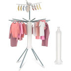 Laundry drying rack fully extended with clothes hanging on rods