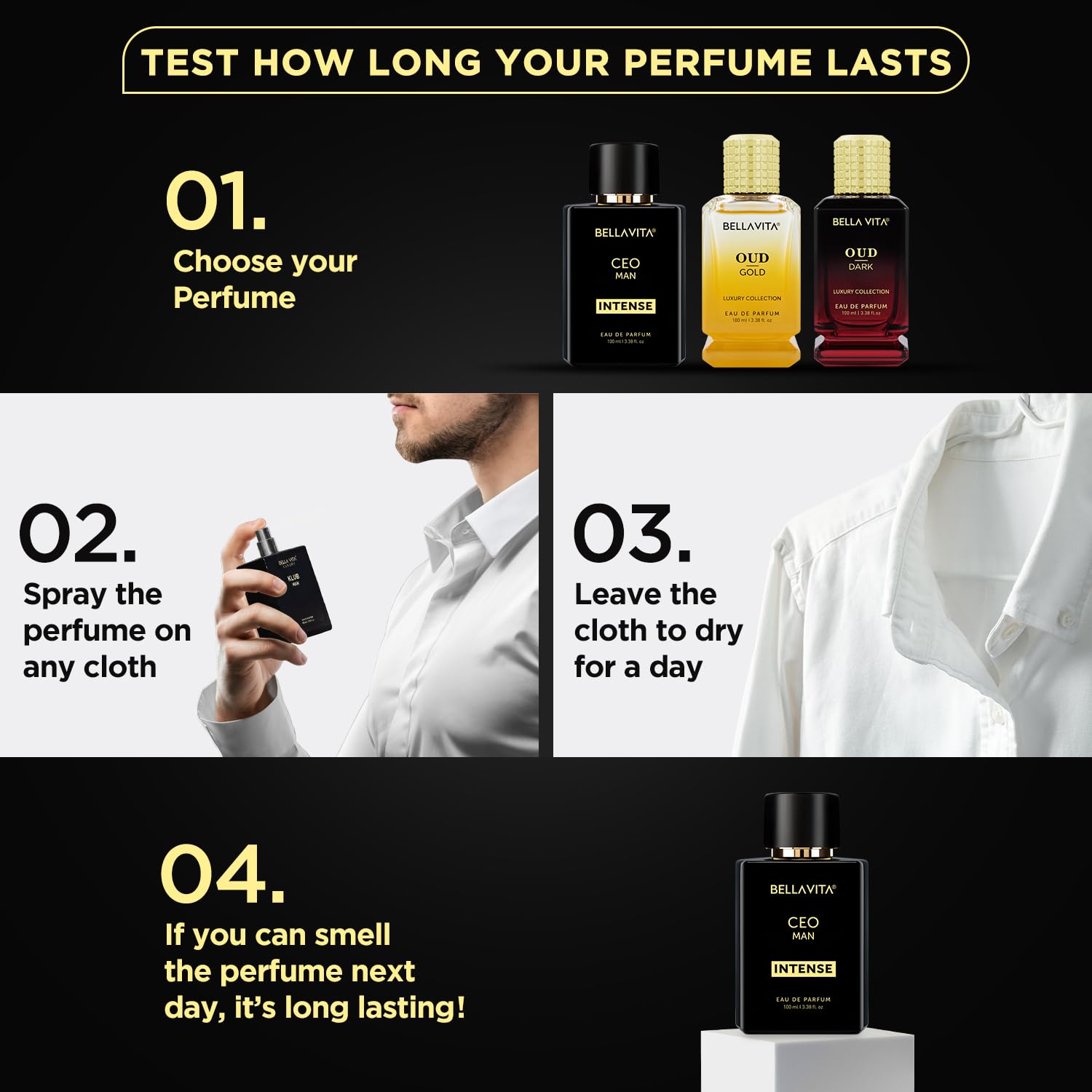 Close-up of Bellavita CEO Man Intense perfume bottle