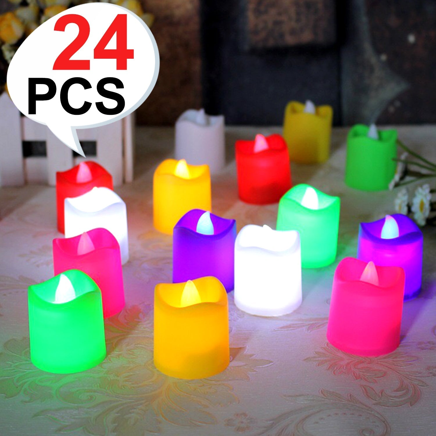 Several LED tea lights in a variety of colors, ready for home decoration.