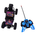 Rugged remote control car with textured wheels on rough terrain