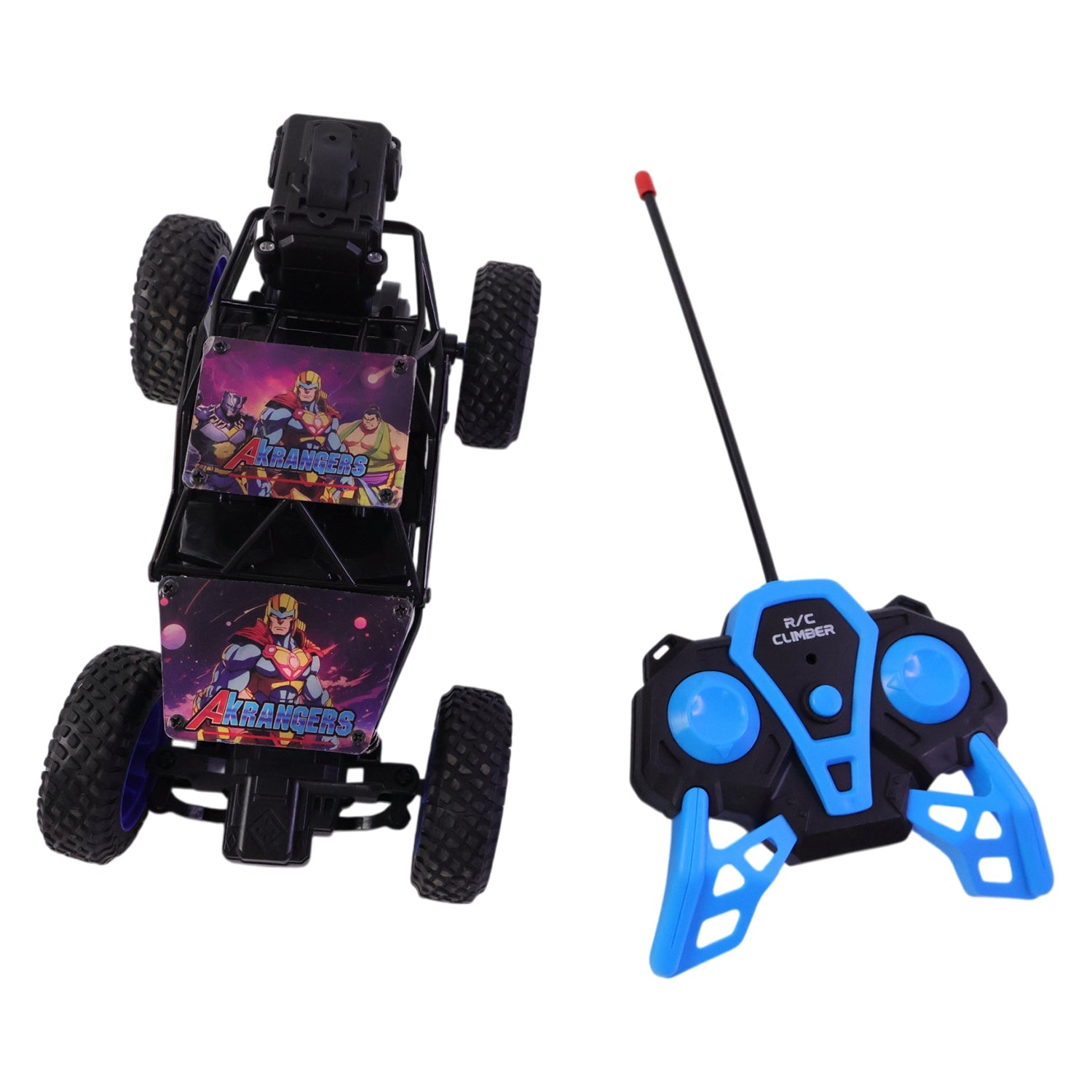 Rugged remote control car with textured wheels on rough terrain
