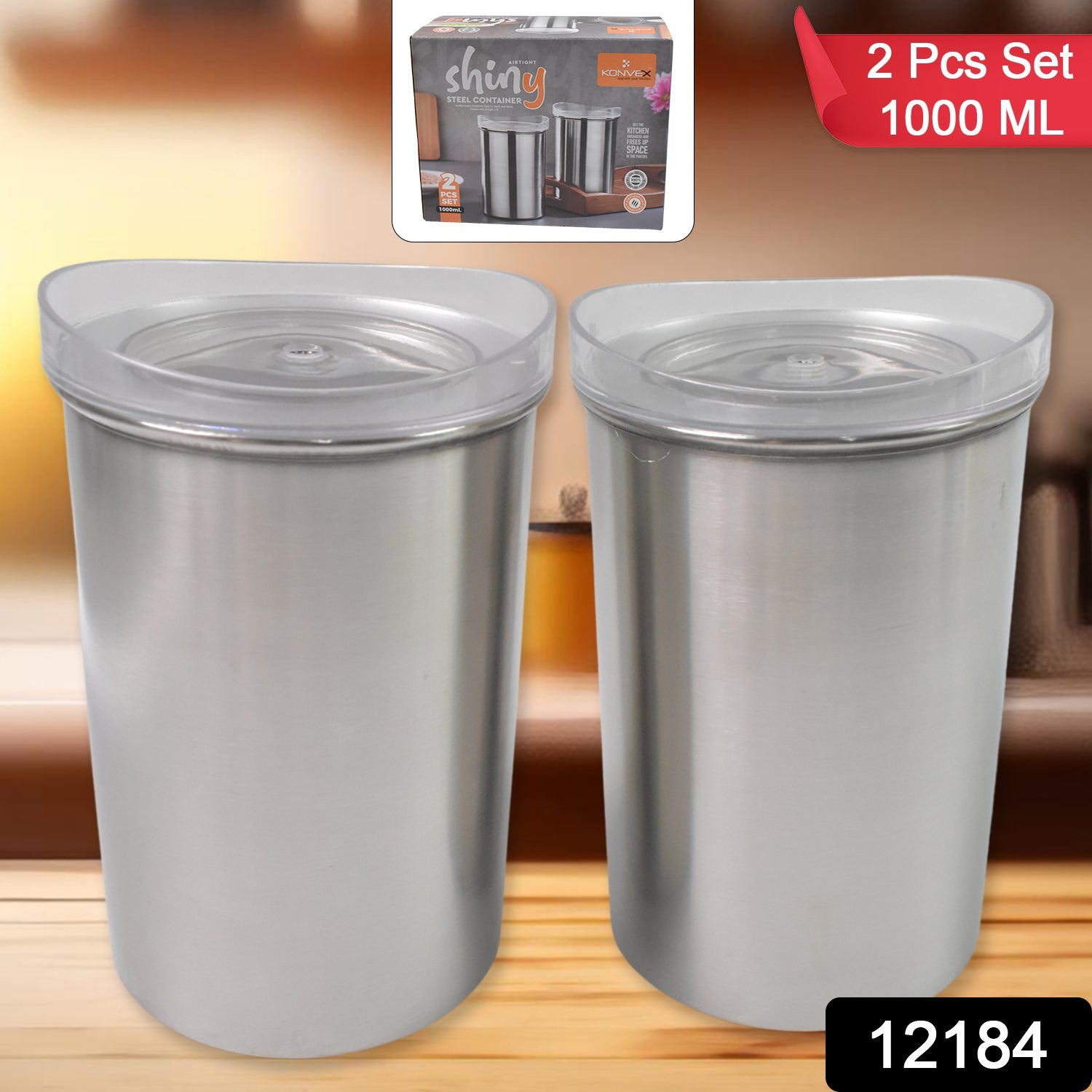 Set of two Konvex stainless steel containers showcasing their transparent lids on a clean backdrop.