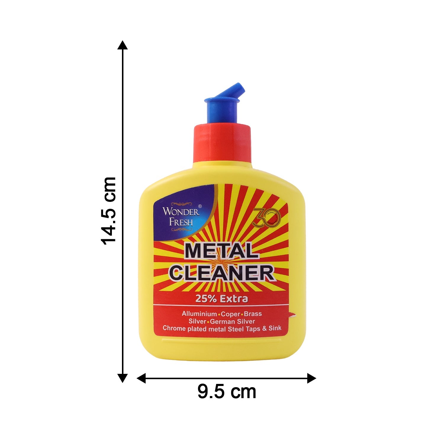 Wonder Fresh Metal Cleaner bottle next to a cleaning cloth, ready for use.
