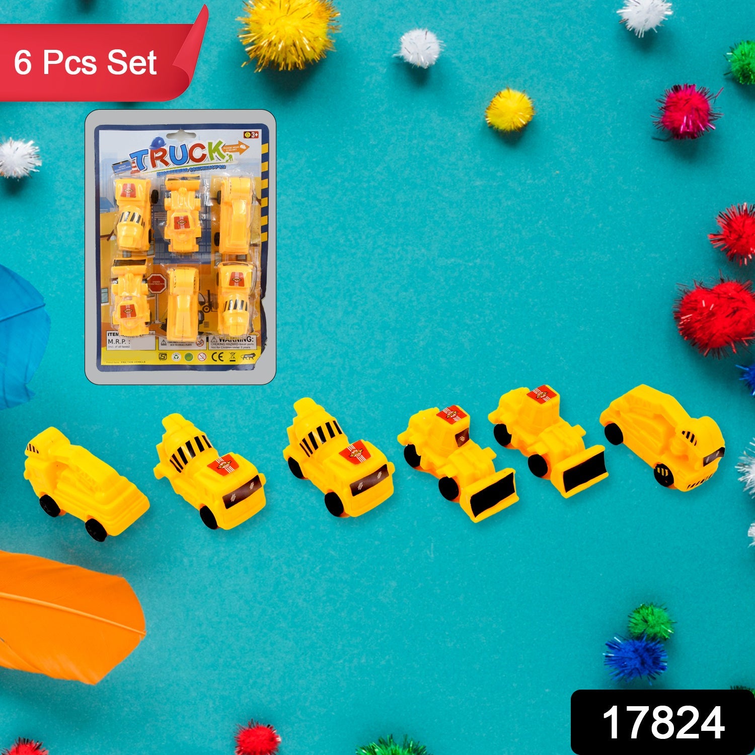 Close-up of a yellow toy excavator from the Kids Construction Vehicle Set, showing detailed design.