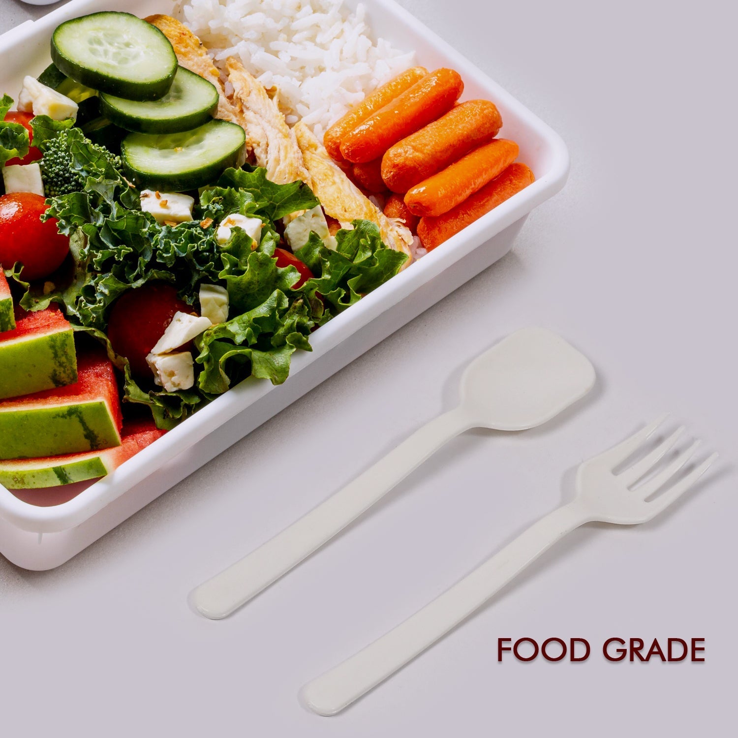 Quickslice plastic forks and spoons arranged in their convenient packaging.