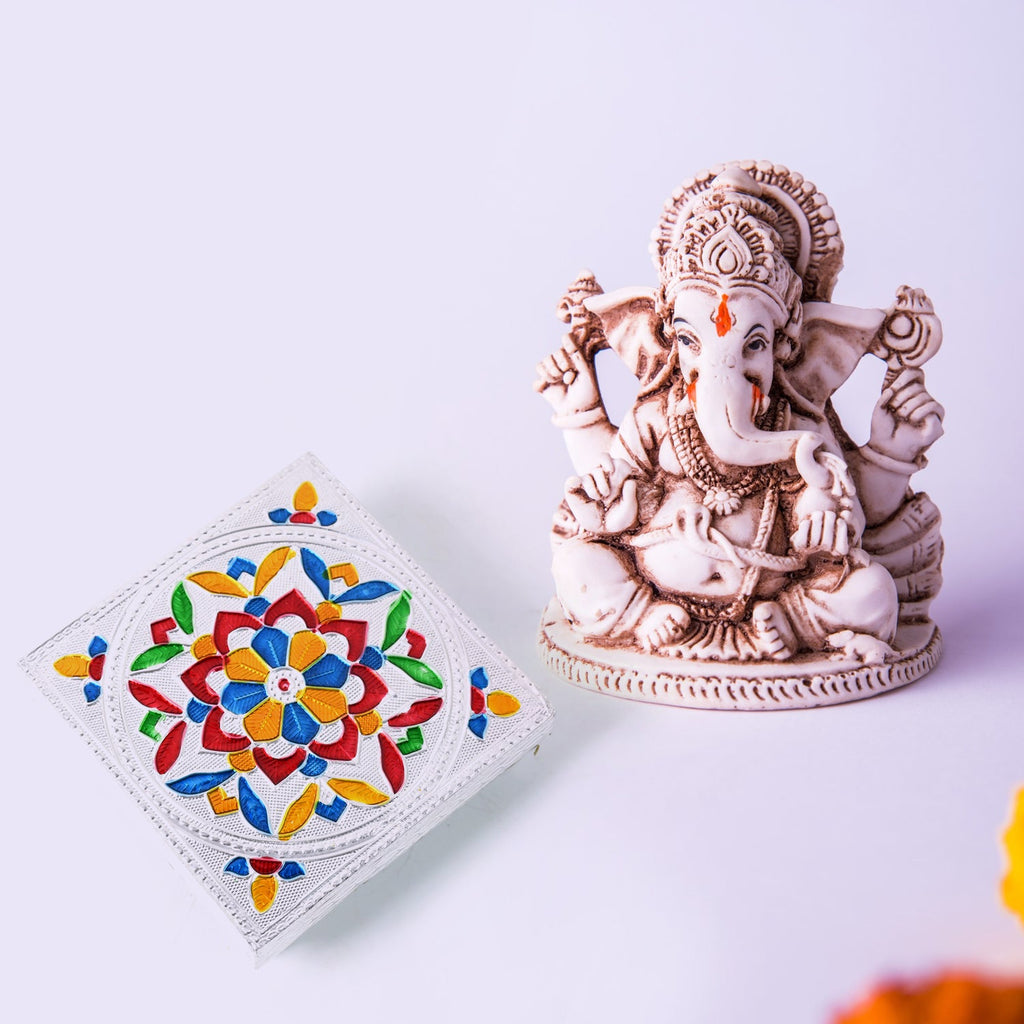 Back view of the Meenakari Wooden Chowki, highlighting its sturdy construction and craftsmanship.