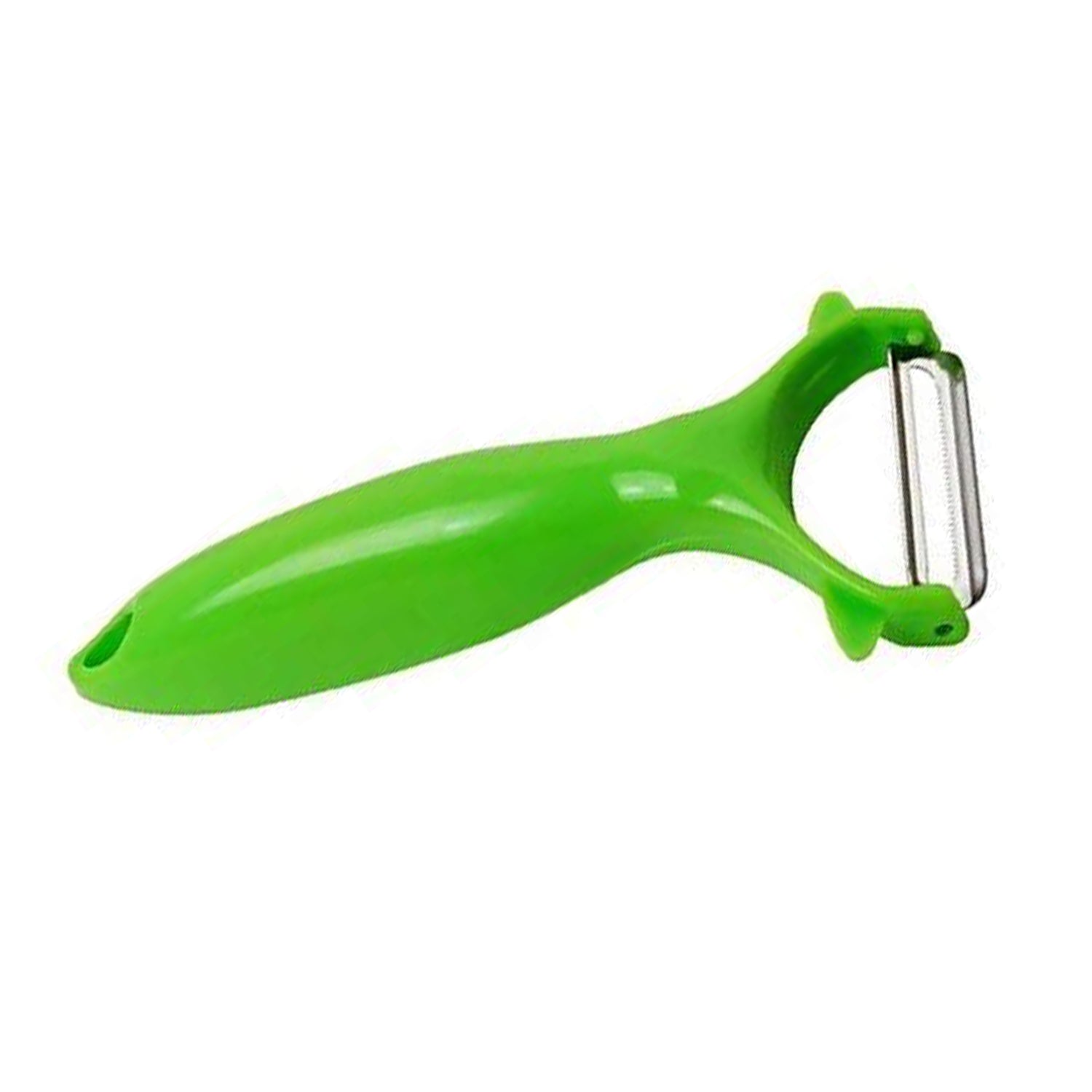 Close-up of the stainless steel blade of a fruit peeler, highlighting its sharpness.