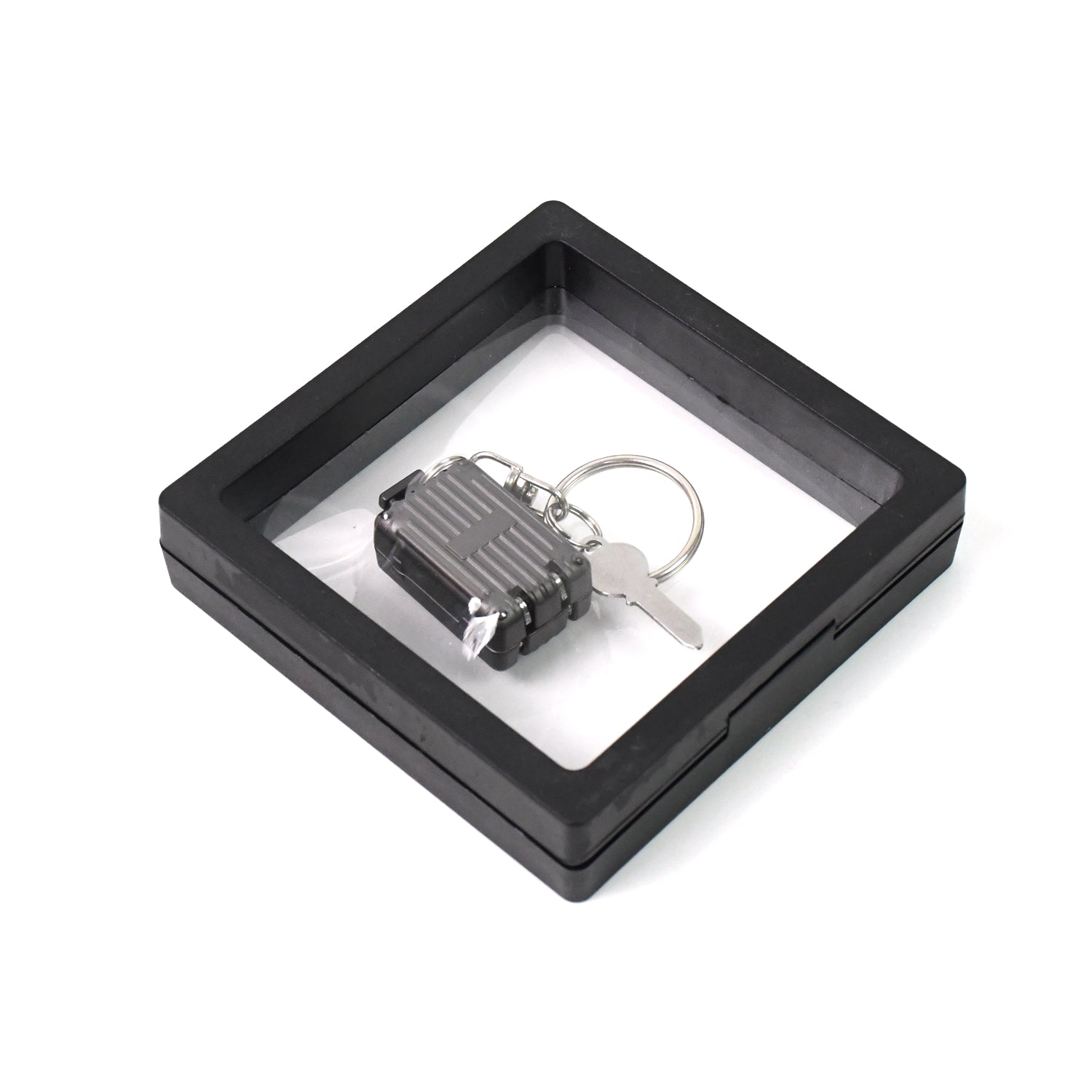Nail clipper keychain attached to travel essentials with suitcase shape