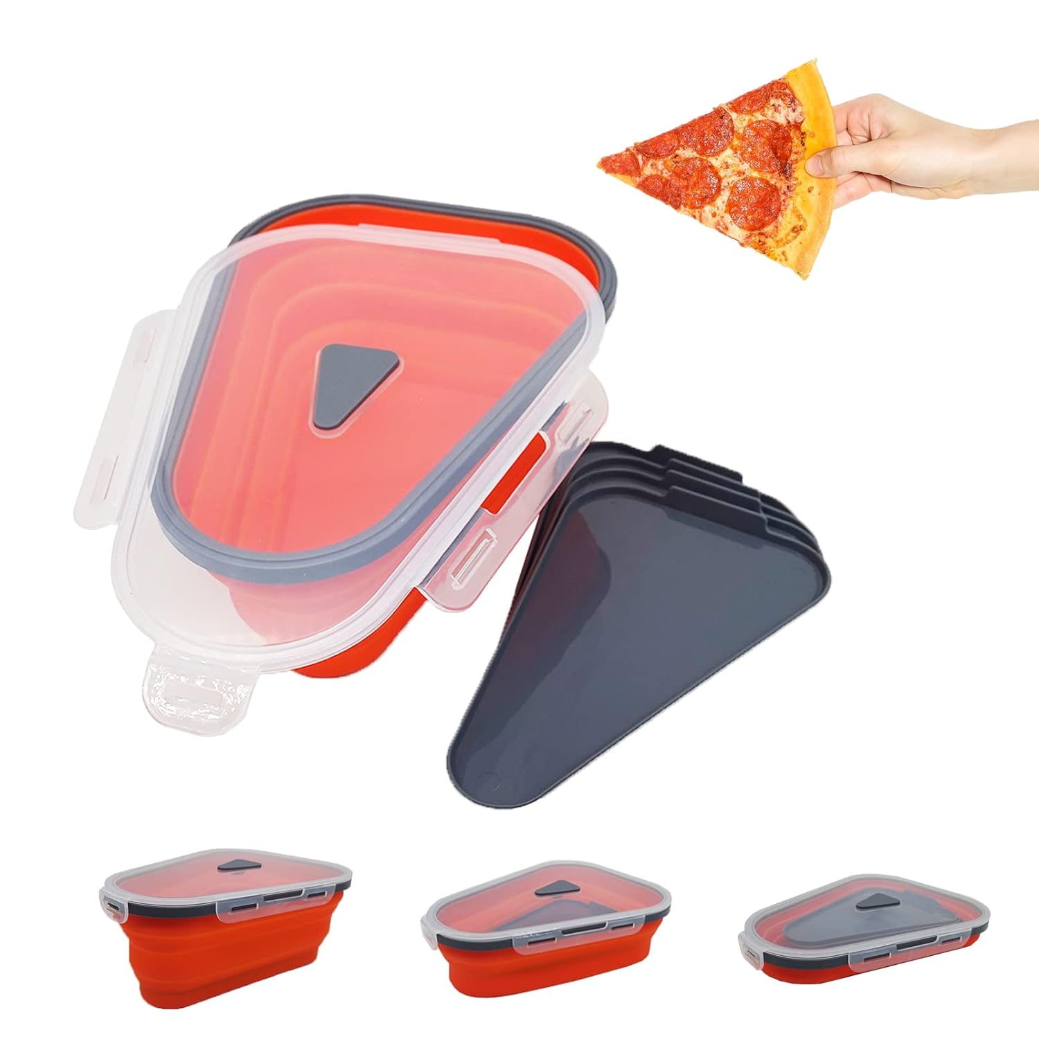 Close-up of the pizza storage container's lid with a sealed design and open air vent for freshness.