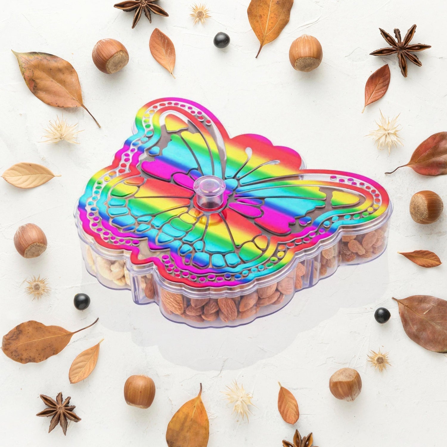 Top view of the Tidy Table butterfly dry fruit box, showcasing its unique design.