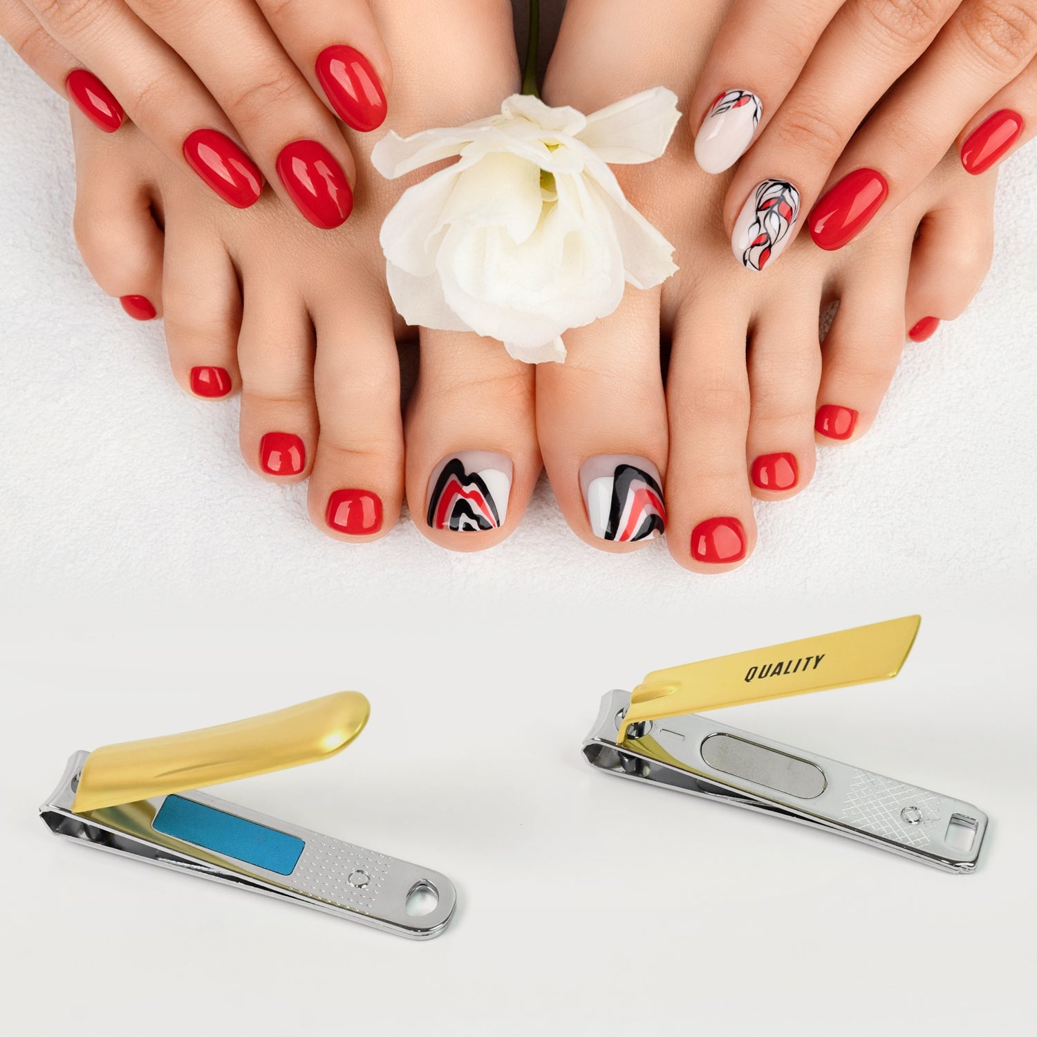 Hand holding the sharp nail clippers, demonstrating its ergonomic grip for precise trimming.