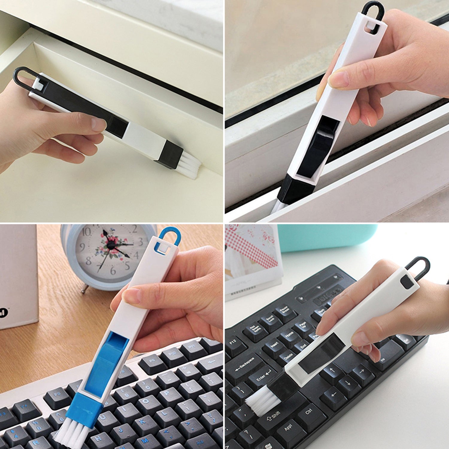 A multi-functional window slot cleaning brush with an integrated dustpan, ready for use.