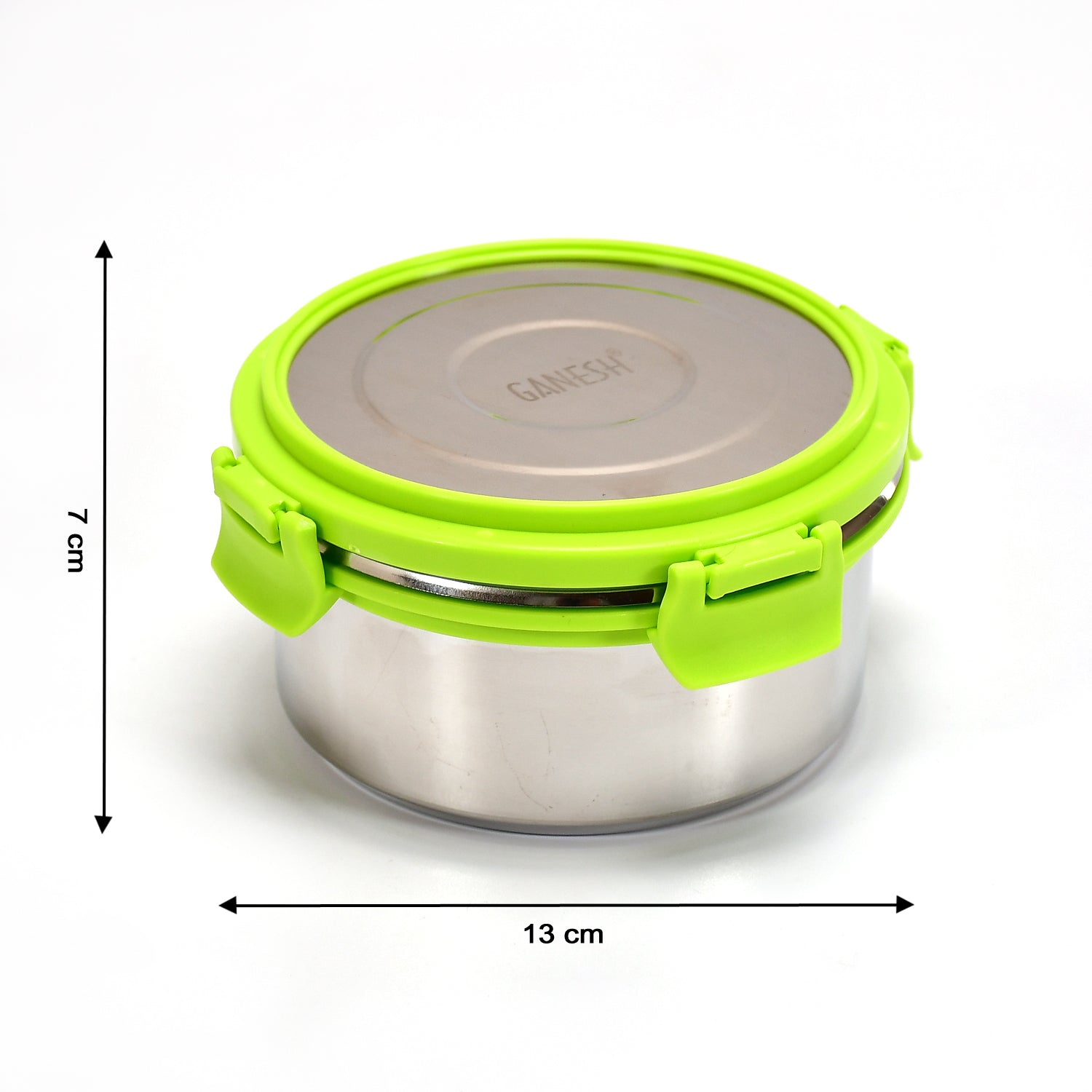 Top-down view of the Ganesh round stainless steel lunch box.