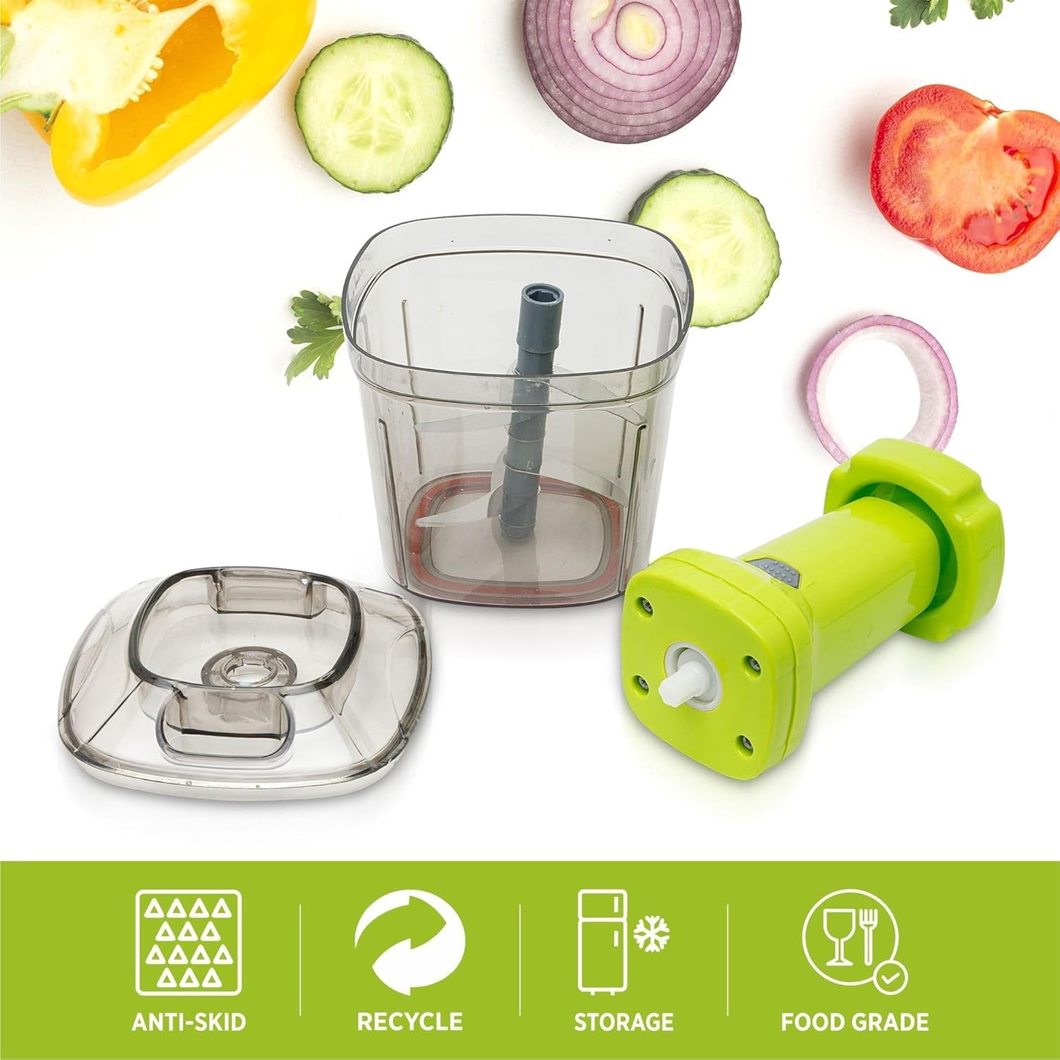 Action shot of the CookAura manual chopper, showing the simple push mechanism for chopping.