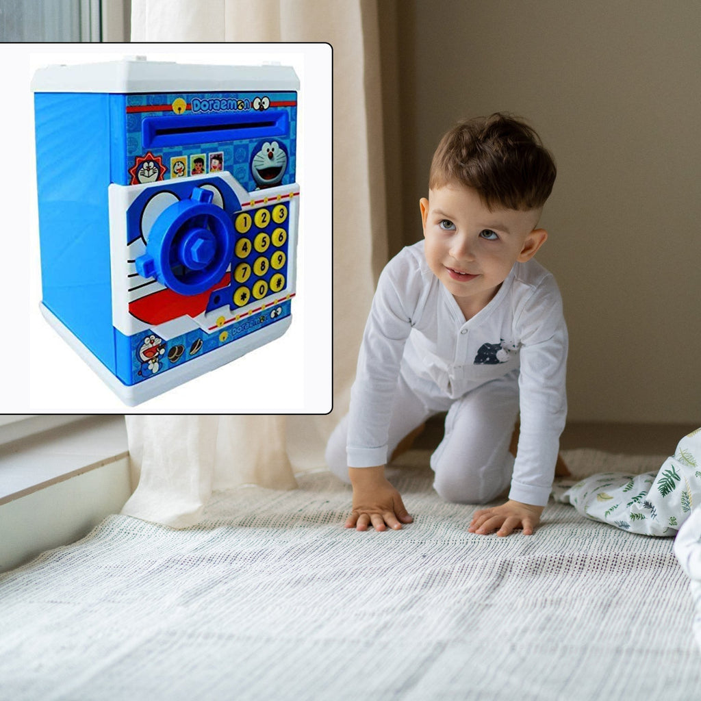 Child joyfully interacting with their password-protected electronic piggy bank.