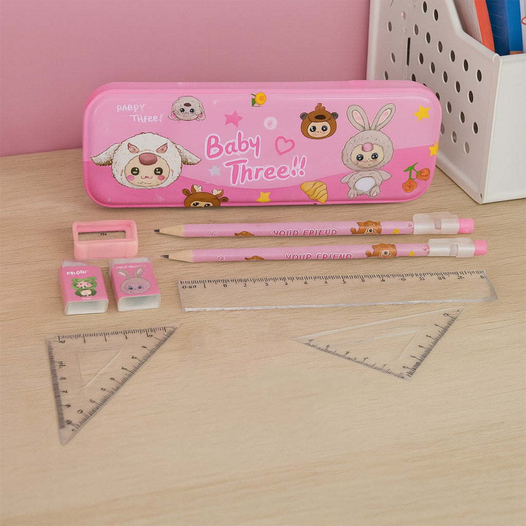 Fun cartoon themed stationery set with ruler, squares, and pen cap for children