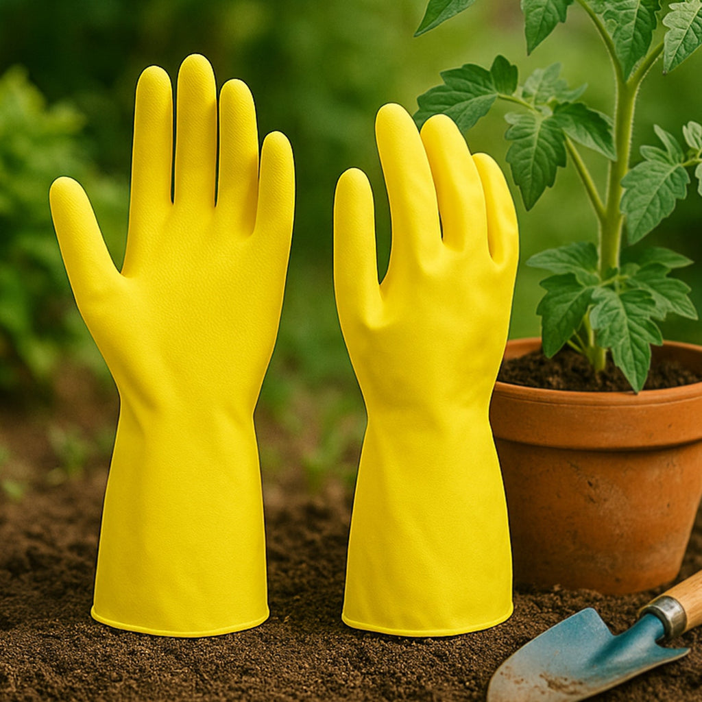 Yellow rubber gloves protecting hands during gardening activities.