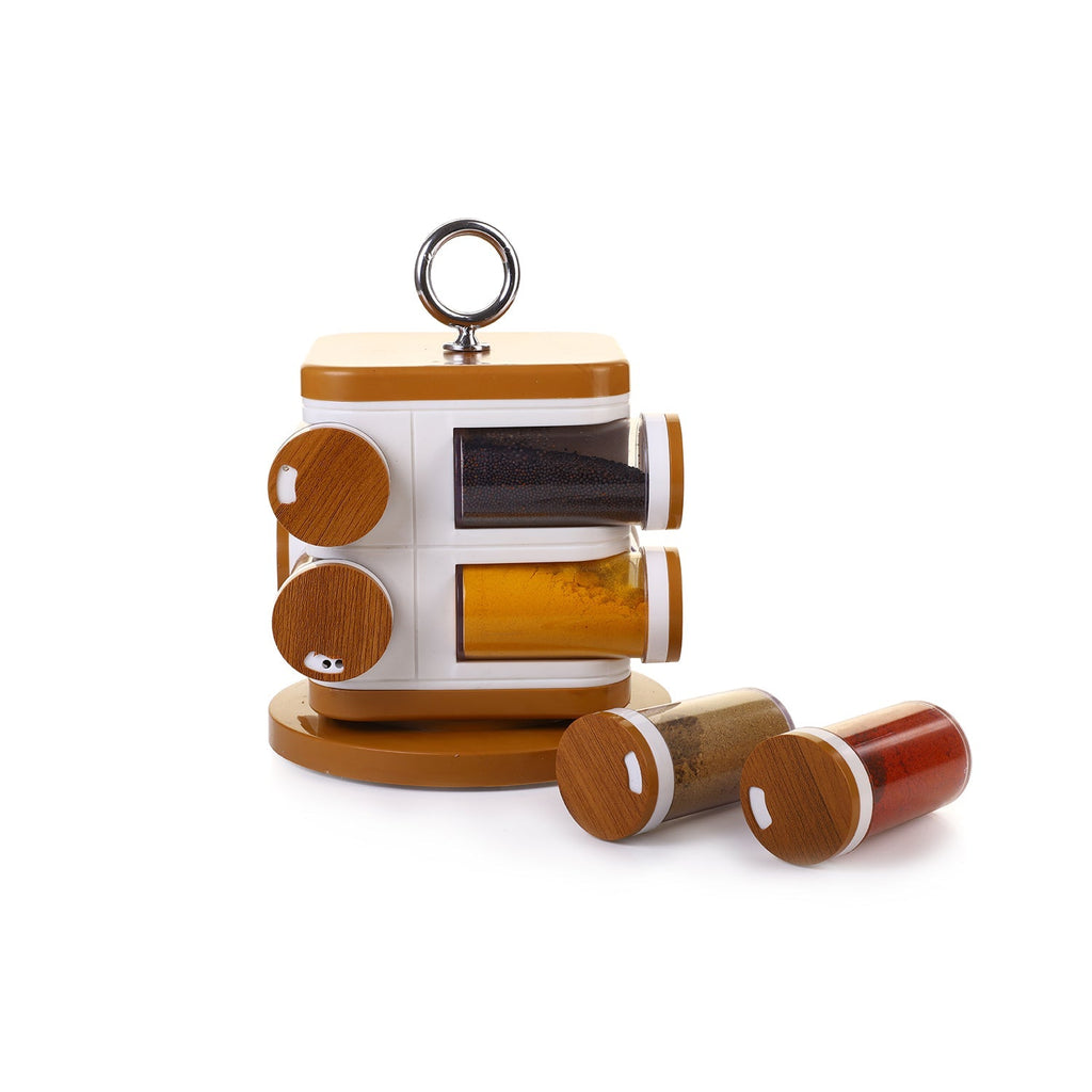 The Ganesh Storewell plastic spice rack with 8 jars, showcasing its sleek design.