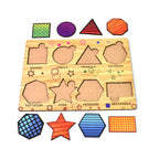 Top-down view of the completed Wooden Triangle Puzzle, showcasing vibrant shapes.