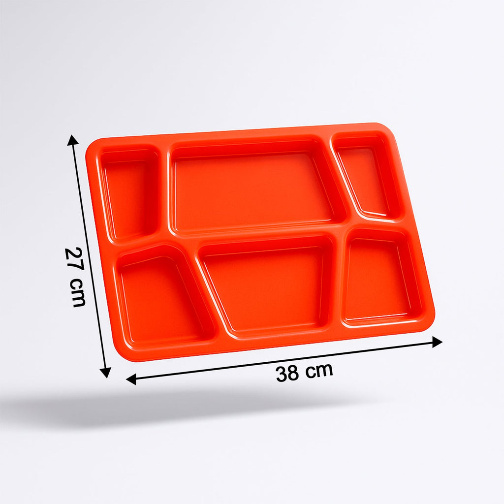Rectangular multi-section plastic tray with raised edges to prevent spills