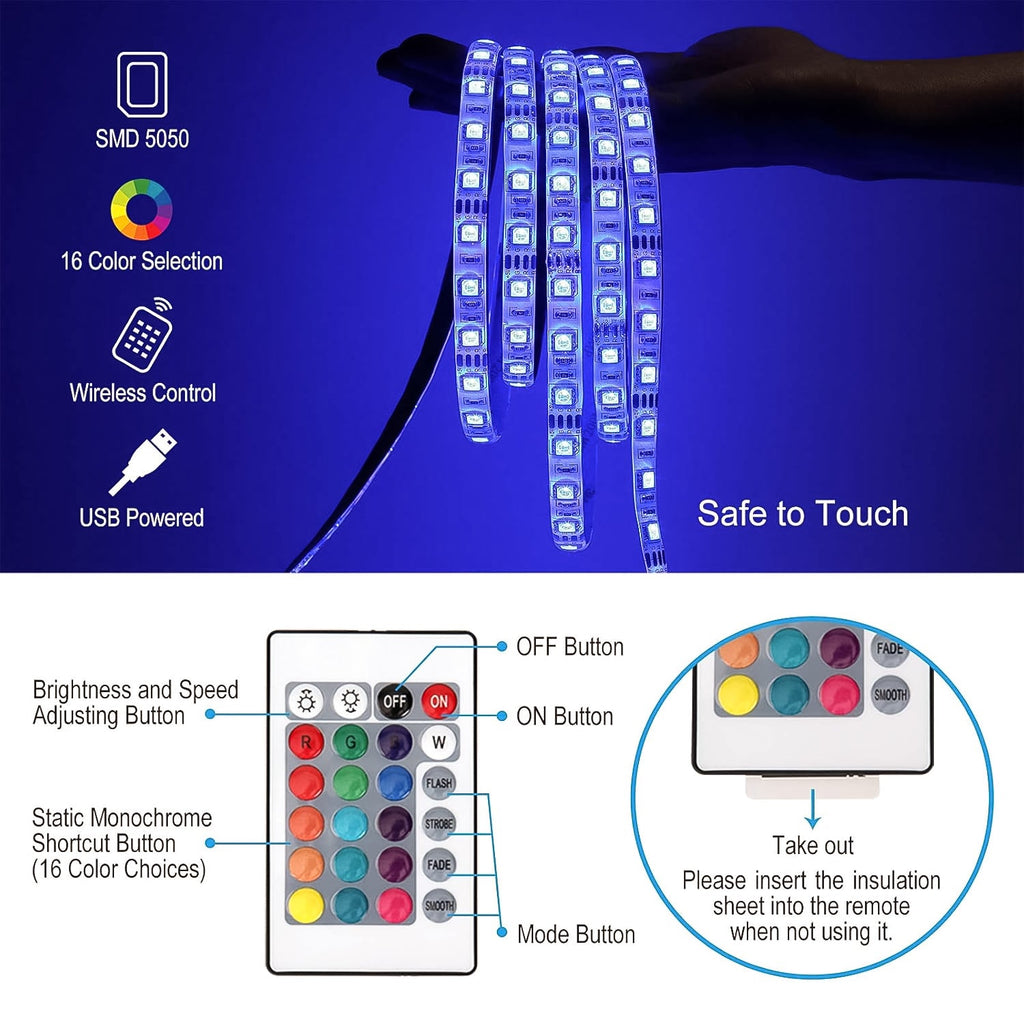RGB LED strip lights creating a dynamic mood lighting effect behind a TV.