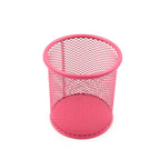 Top-down view of the metal mesh pencil stand filled with various pens and pencils.