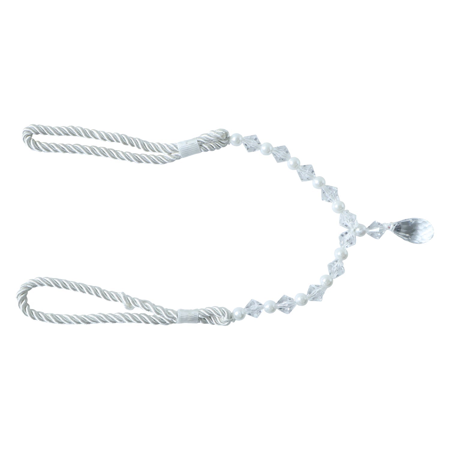 Stylish window curtain tieback featuring crystal and pearl beads