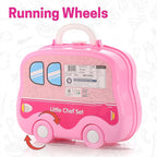 Kids portable kitchen play set opened up for play with a child's hand