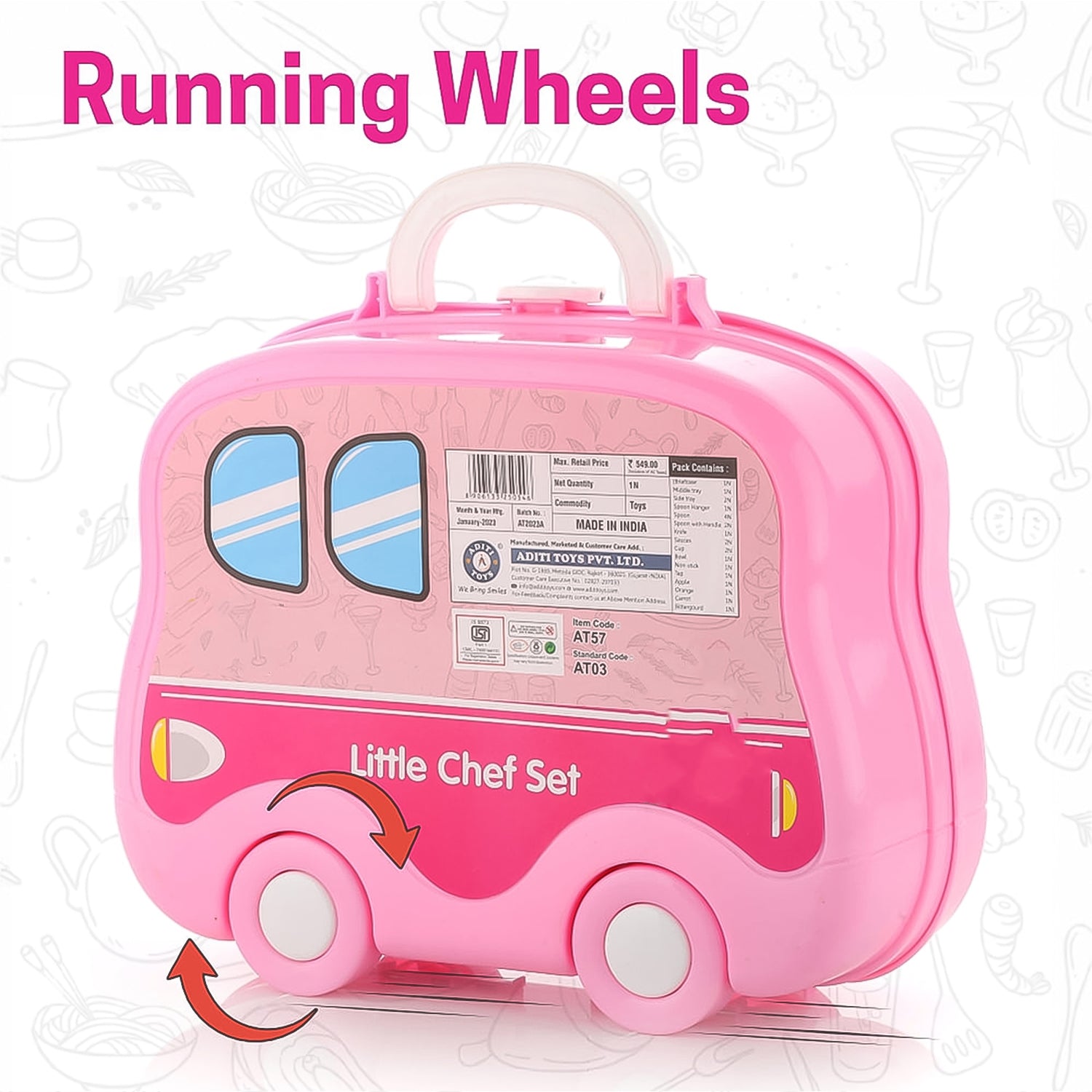 Kids portable kitchen play set opened up for play with a child's hand