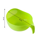 Close-up of a thick plastic food strainer with handle, part of a 3-piece set.