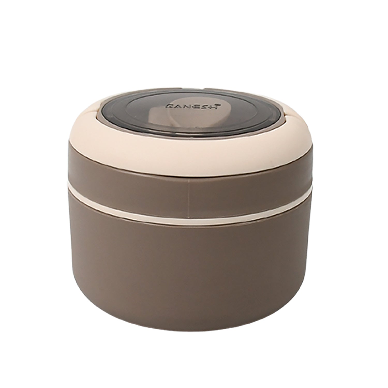 The Ganesh food container with spoon displayed on a table, emphasizing its complete meal solution.