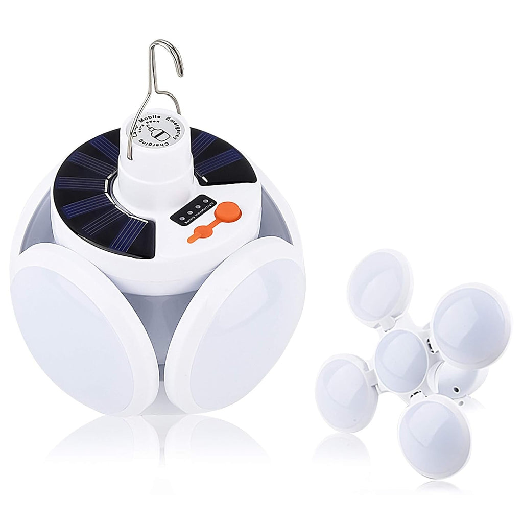 Solar Camping Light with a USB charging cable, demonstrating its versatile power options.