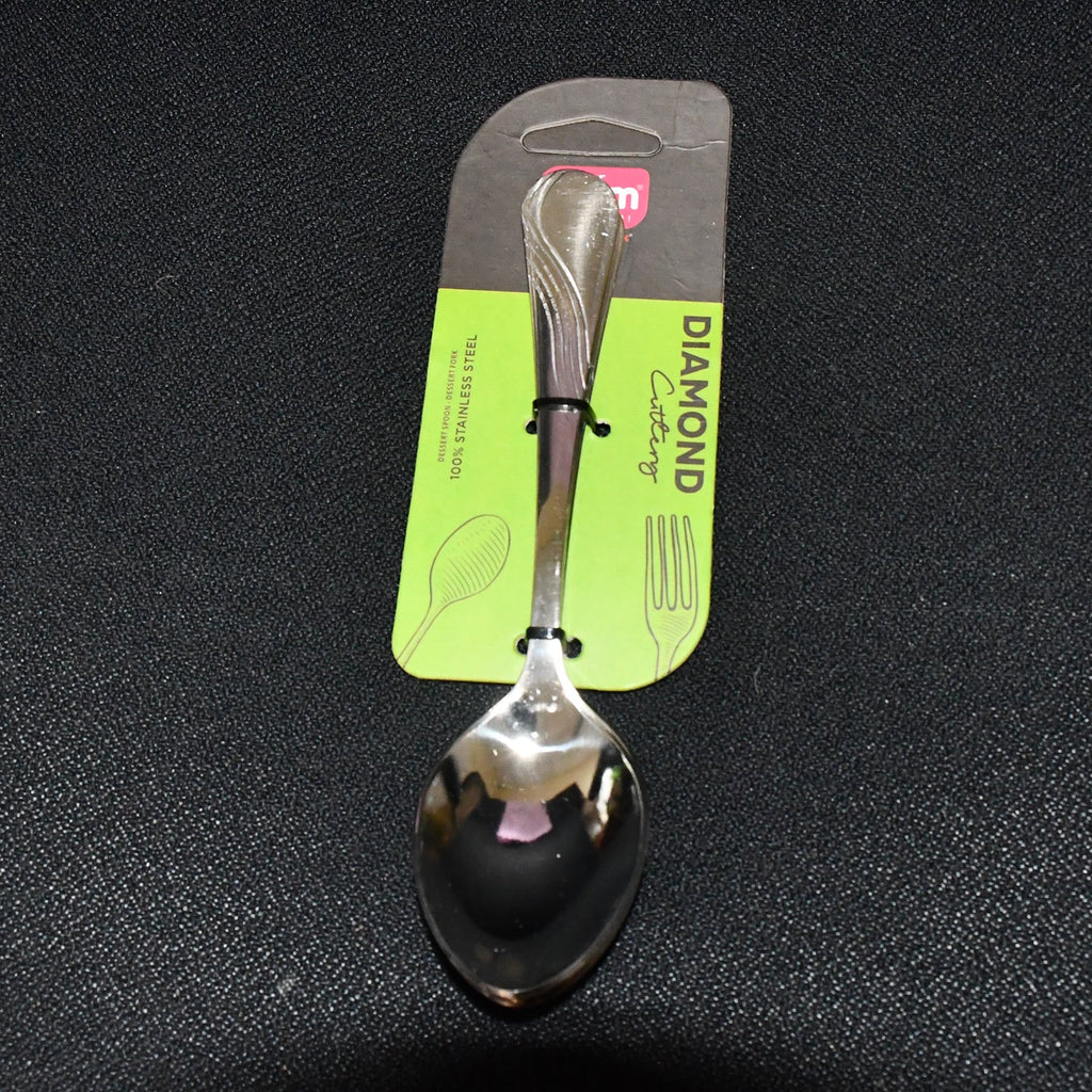 Neatly arranged set of stainless steel dining spoons on display