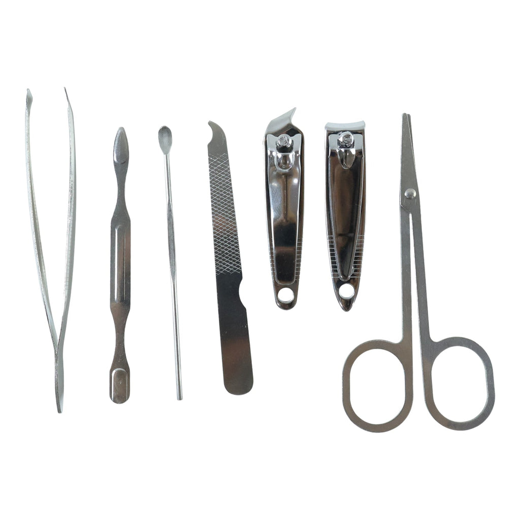 Nail care grooming kit tools arranged inside a protective storage case