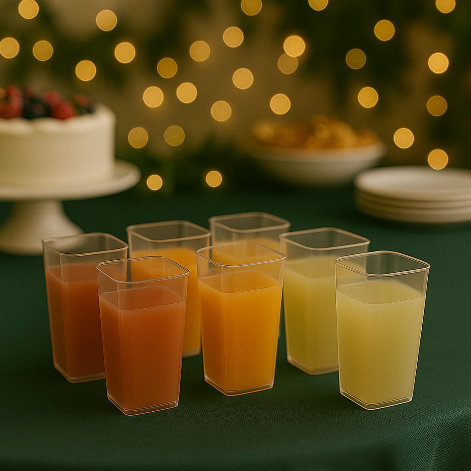 Variety of drinks served in square plastic glasses.