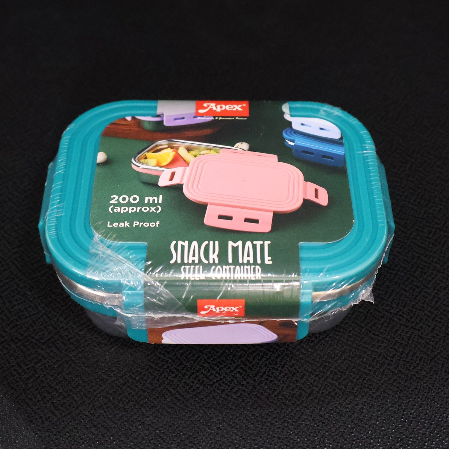 Dimension diagram of 200ml stainless steel mini food container with teal lid