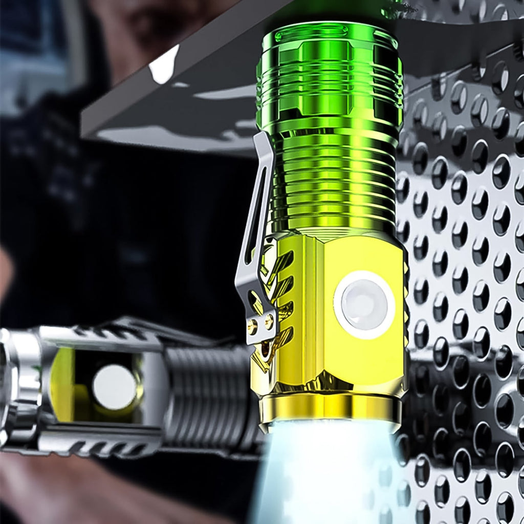 The mini USB rechargeable LED torch demonstrating its compact size and bright light.