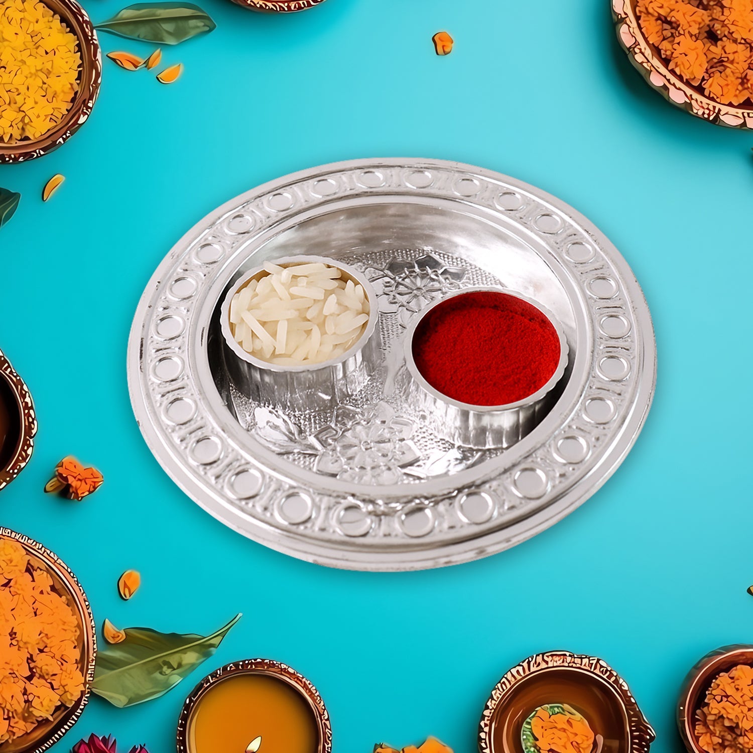 Angled view of the plastic Kumkum Thali Holder, highlighting its compact size.