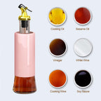 The olive oil dispenser positioned next to fresh ingredients, illustrating its role in healthy kitchen cooking.