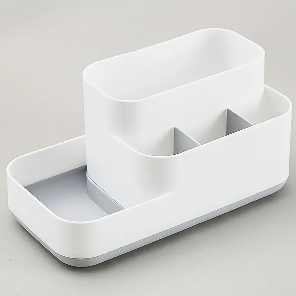 Tabletop storage accessory: a plastic desk organizer for everyday items.