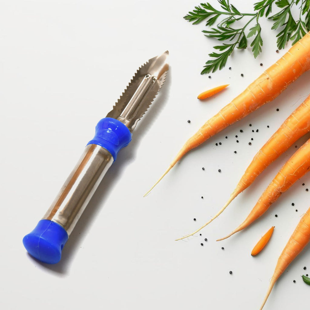 Side view of the ergonomic 2-in-1 vegetable peeler with a convenient hanging ring.